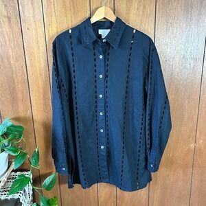 Vintage K Arnold Black 100% Linen Eyelet Cutout Button Up Shirt Blouse Tunic